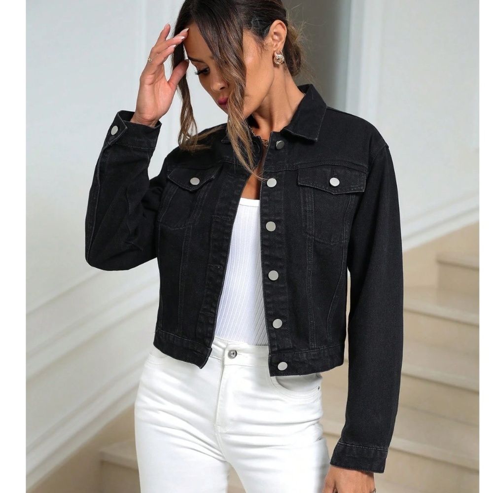 Black Denim Jean Jacket Classic Button Up / Down Front Pockets